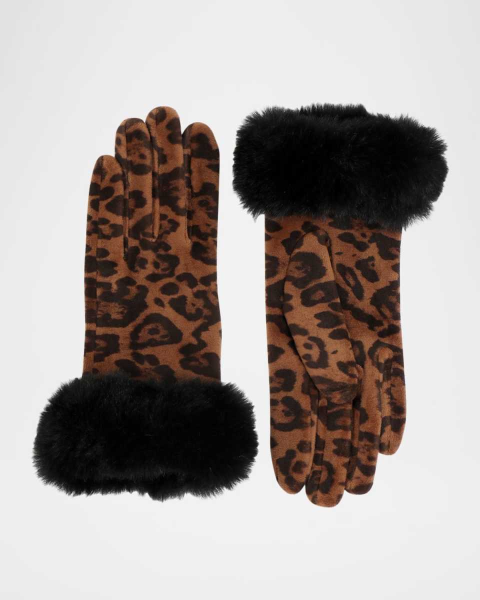 Catriona Leopard-Print Faux Fur Trim Gloves